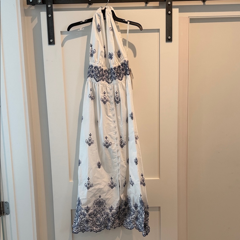 Shoshanna White Maxi Dress with Navy Embroidery